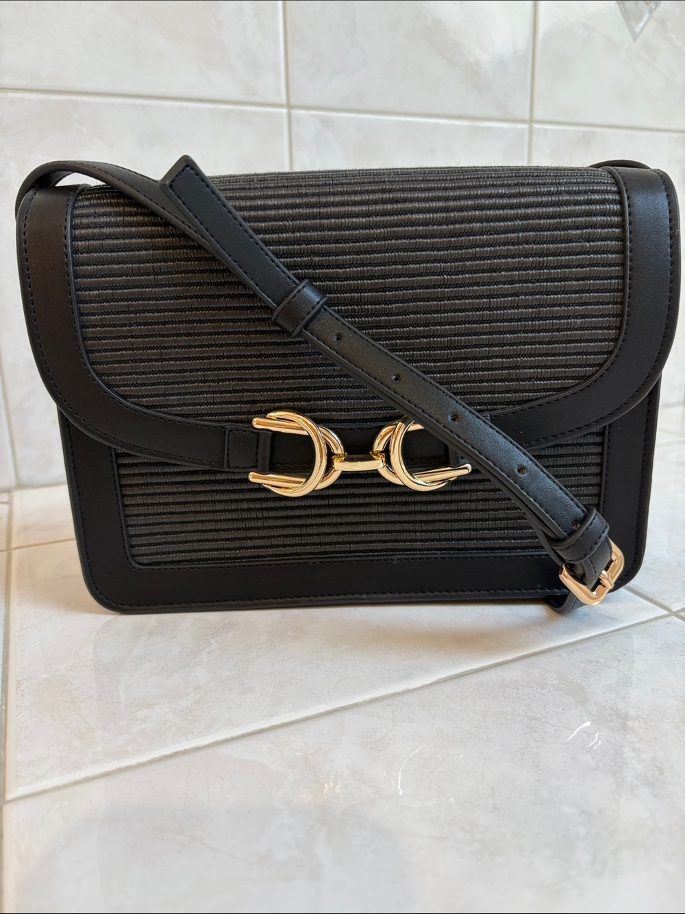 Ann Taylor Weekend Classic Black Straw Crossbody Bag with Gold Hardware